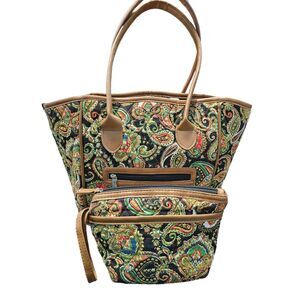Paisley Quilted Tote Bag Set Black Shoulder Bag Purse Makeup Bag